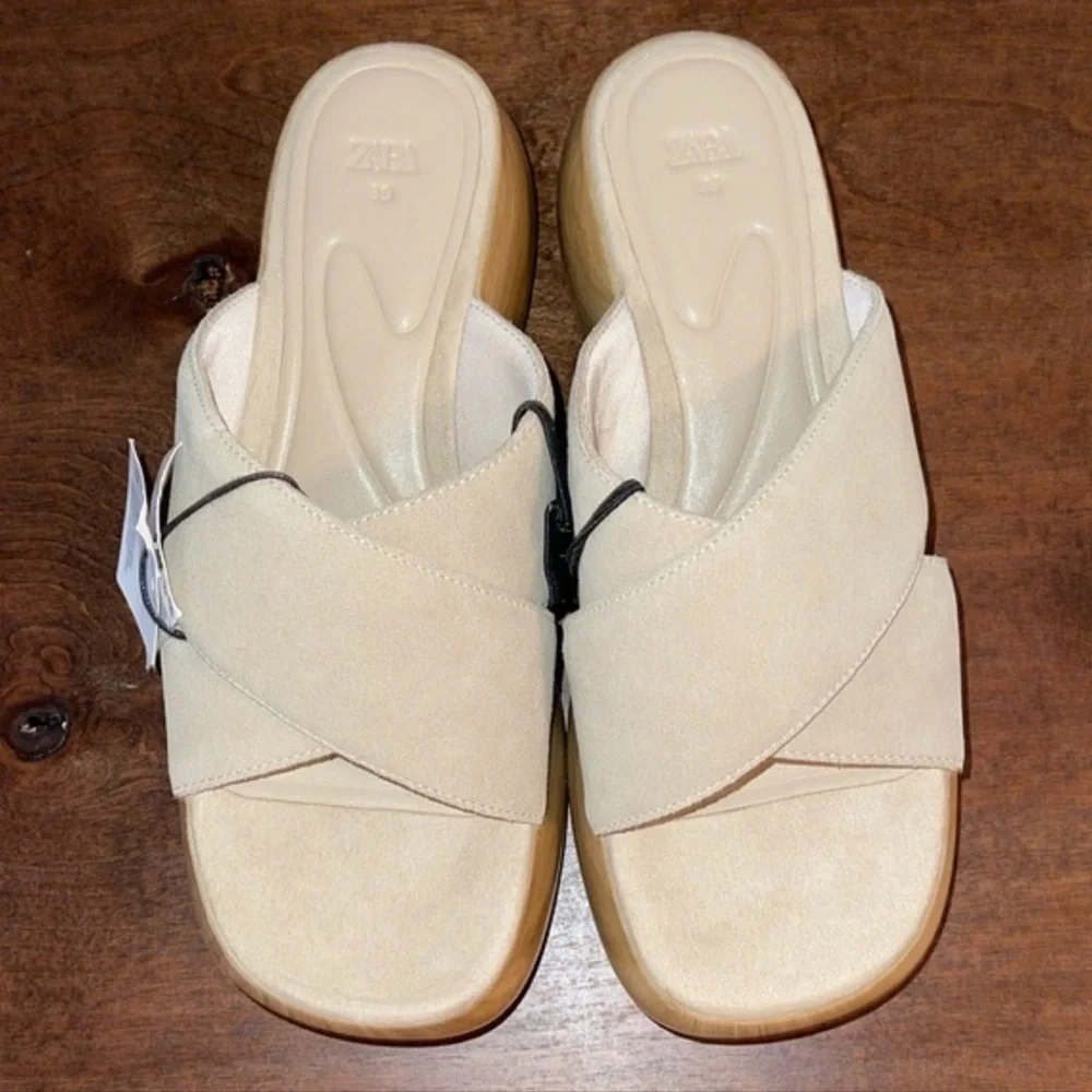 Zara Platform Tan Air Fit Cow Leather Upper Sandal Clogs Sz. 8 - Picture 9 of 15